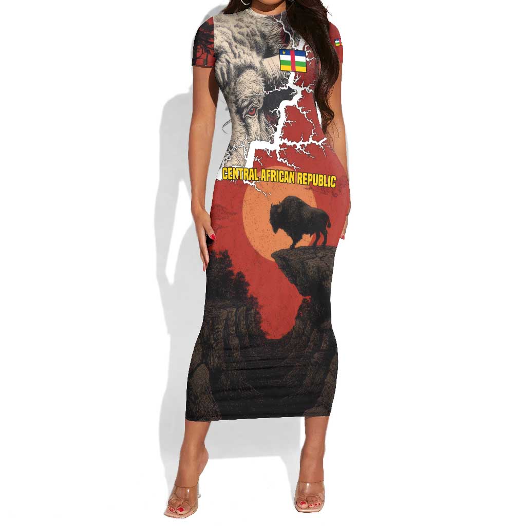 Central African Republic Short Sleeve Bodycon Dress Red Black Nature Design and Buffalo - African Pride