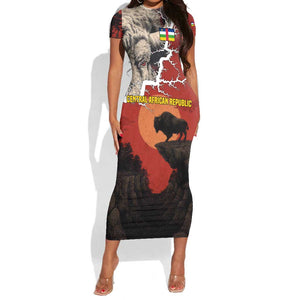 Central African Republic Short Sleeve Bodycon Dress Red Black Nature Design and Buffalo - African Pride