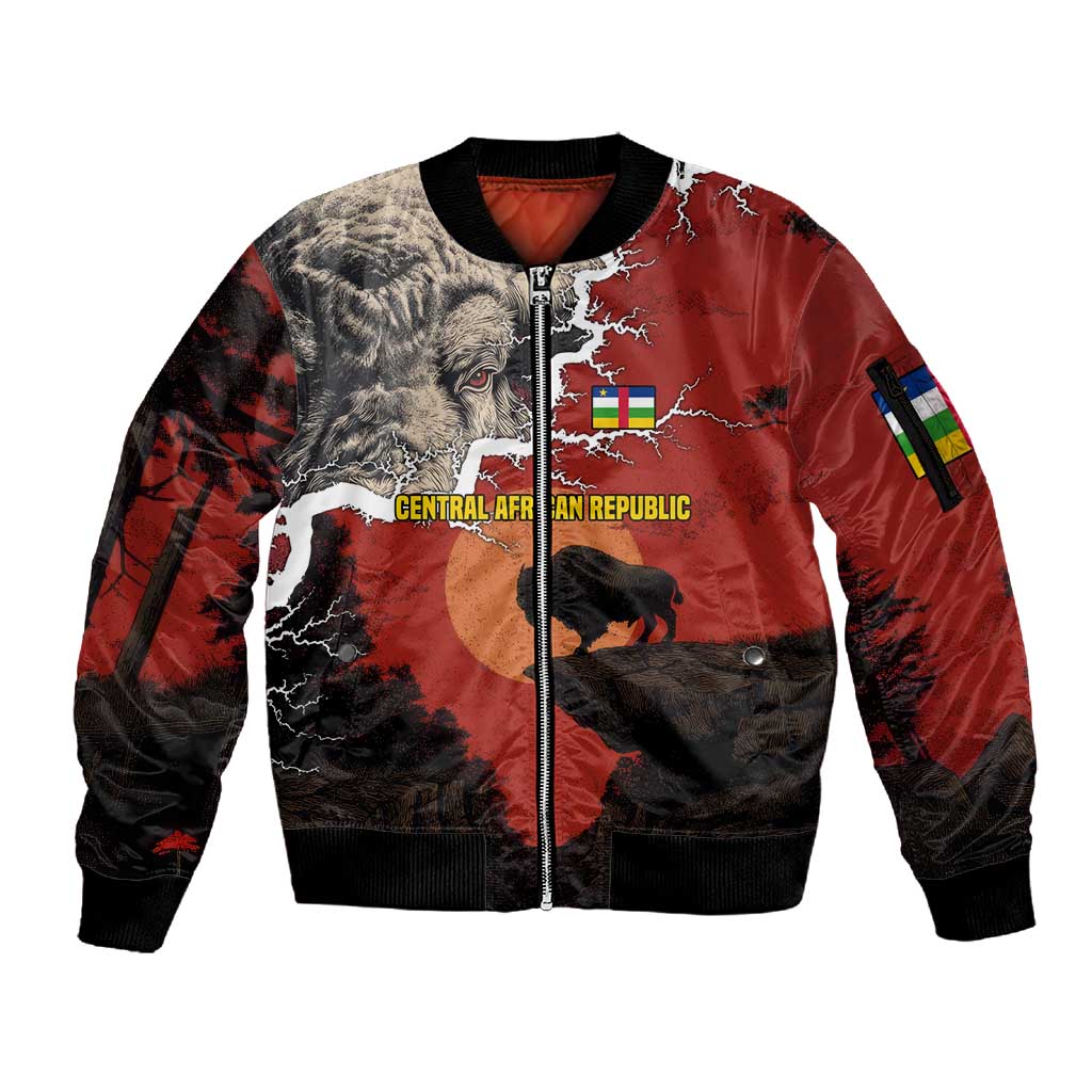 Central African Republic Sleeve Zip Bomber Jacket Red Black Nature Design and Buffalo - African Pride