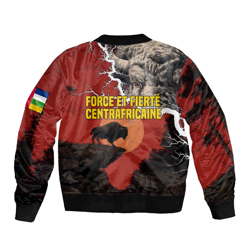 Central African Republic Sleeve Zip Bomber Jacket Red Black Nature Design and Buffalo - African Pride