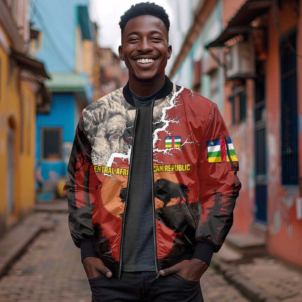 Central African Republic Sleeve Zip Bomber Jacket Red Black Nature Design and Buffalo - African Pride
