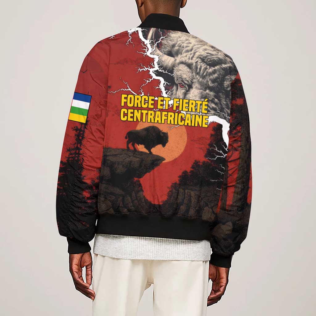 Central African Republic Sleeve Zip Bomber Jacket Red Black Nature Design and Buffalo - African Pride