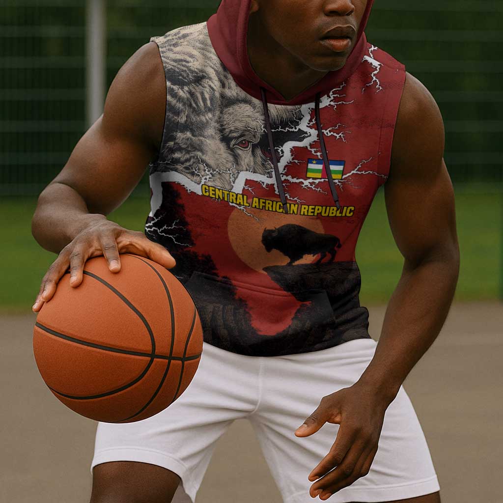 Central African Republic Sleeveless Hoodie Red Black Nature Design and Buffalo - African Pride