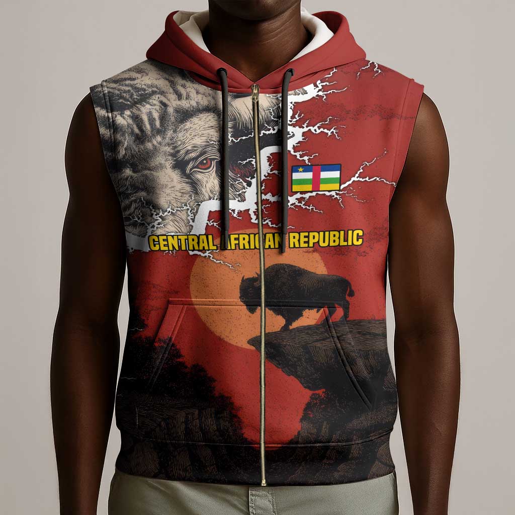 Central African Republic Sleeveless Zip Hoodie Red Black Nature Design and Buffalo - African Pride