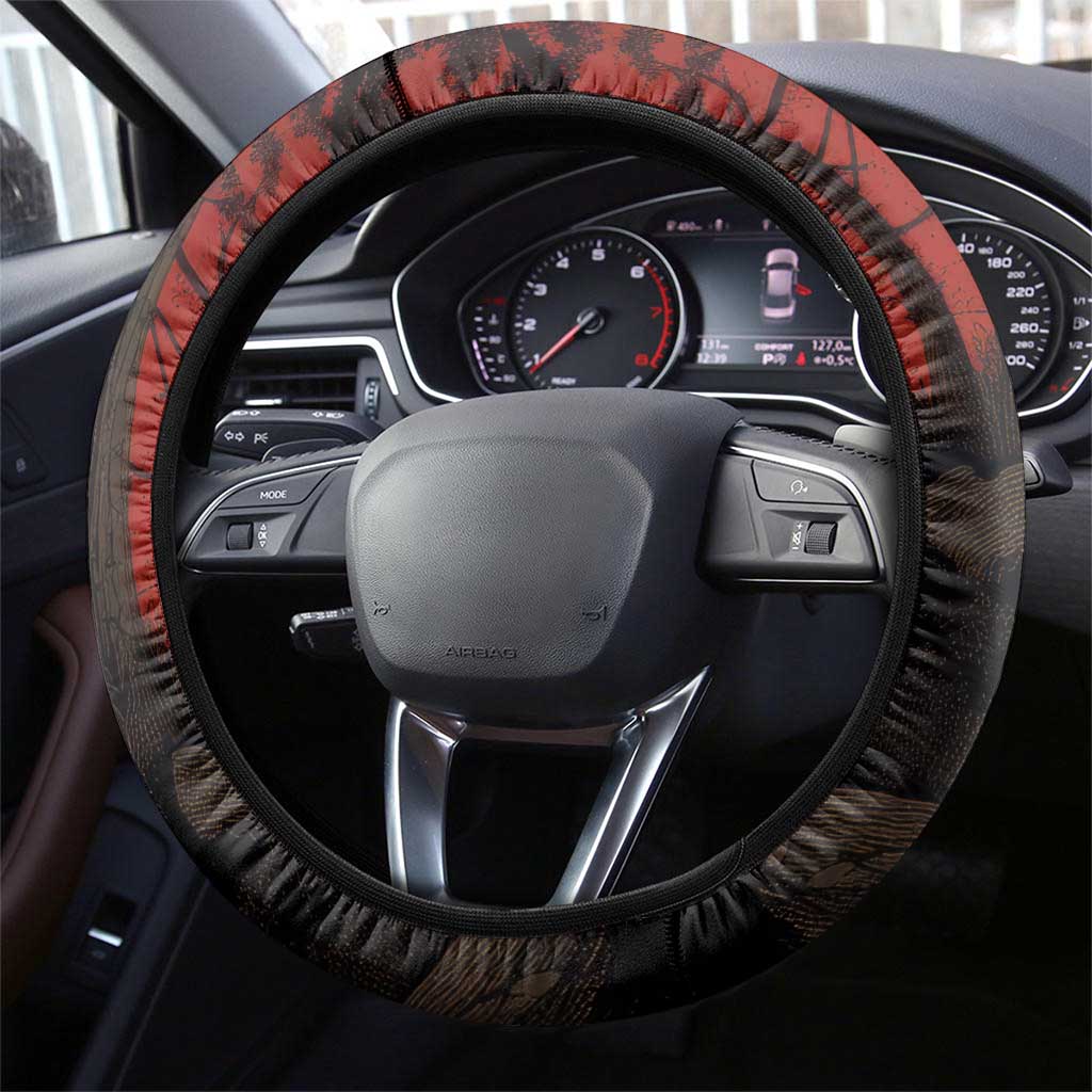 Central African Republic Steering Wheel Cover Red Black Nature Design and Buffalo - African Pride