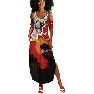Central African Republic Summer Maxi Dress Red Black Nature Design and Buffalo - African Pride
