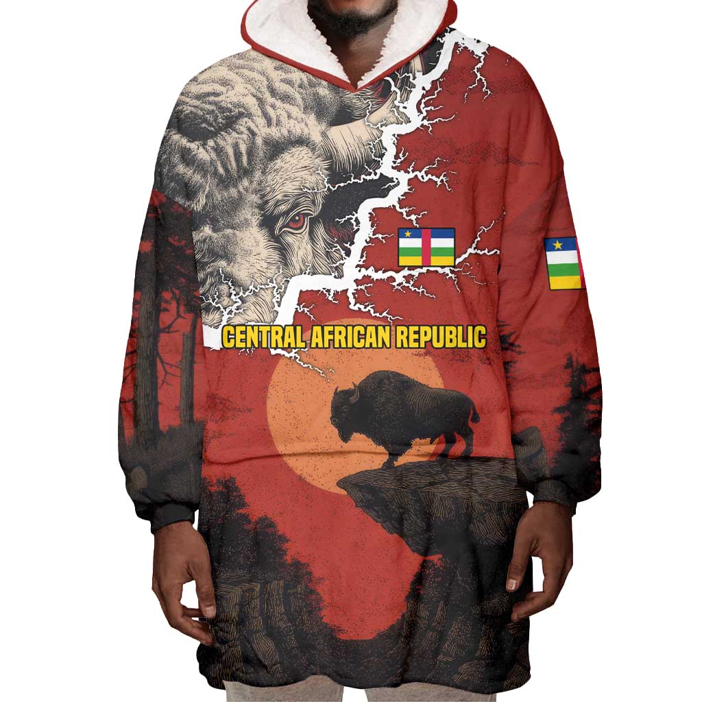 Central African Republic Wearable Blanket Hoodie Red Black Nature Design and Buffalo - African Pride