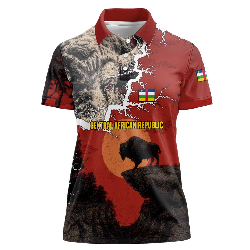 Central African Republic Women Polo Shirt Red Black Nature Design and Buffalo - African Pride