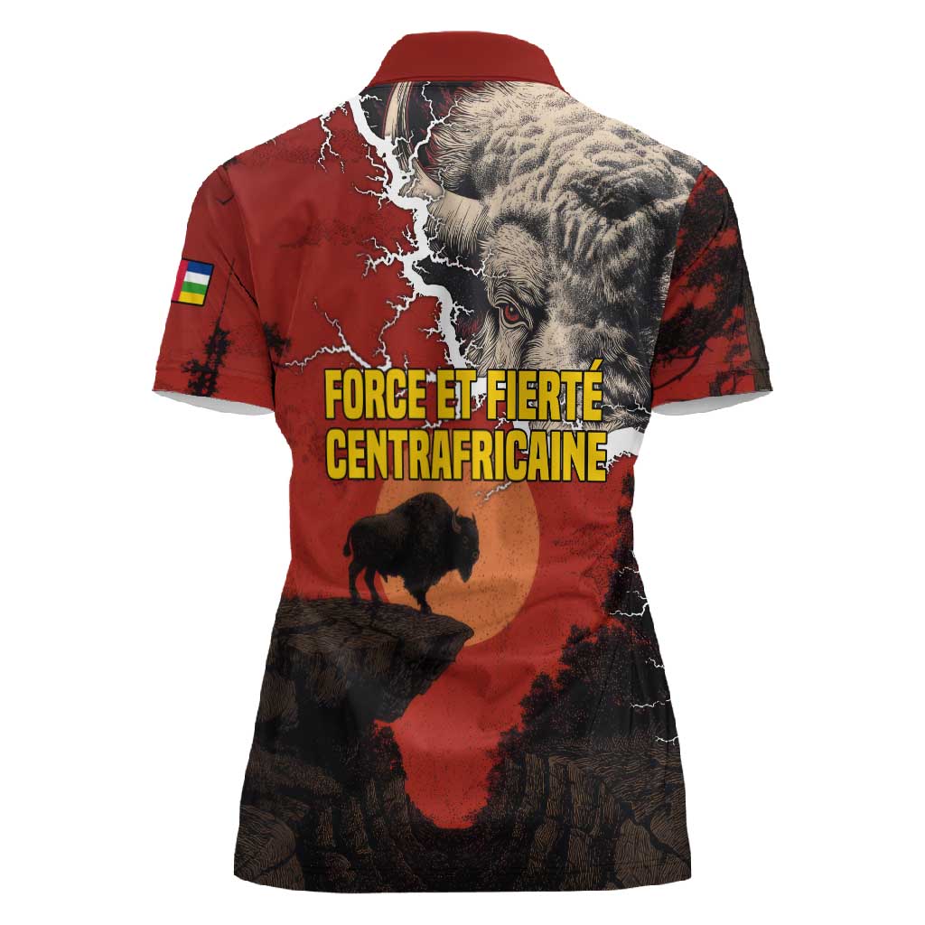 Central African Republic Women Polo Shirt Red Black Nature Design and Buffalo - African Pride
