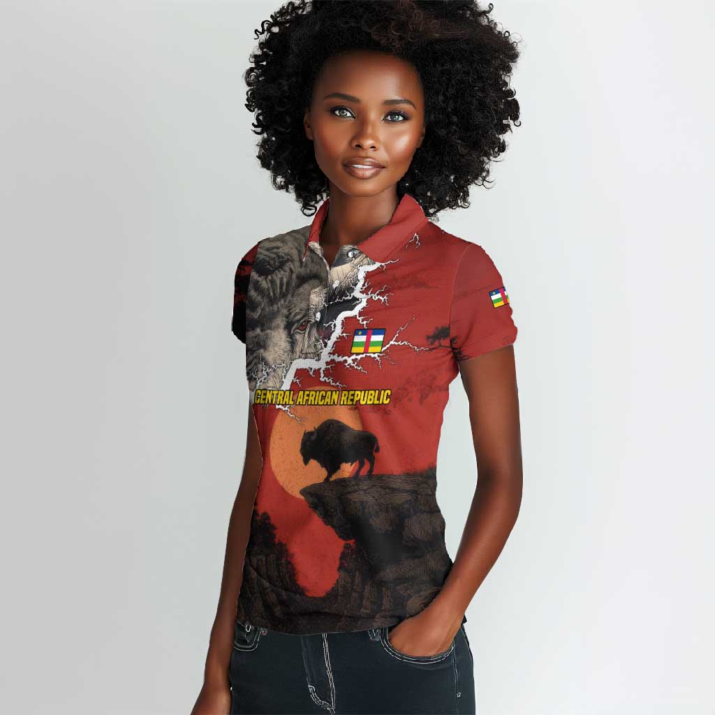 Central African Republic Women Polo Shirt Red Black Nature Design and Buffalo - African Pride