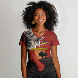 Central African Republic Women V-Neck T-Shirt Red Black Nature Design and Buffalo - African Pride