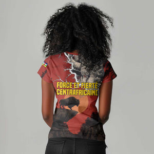 Central African Republic Women V-Neck T-Shirt Red Black Nature Design and Buffalo - African Pride