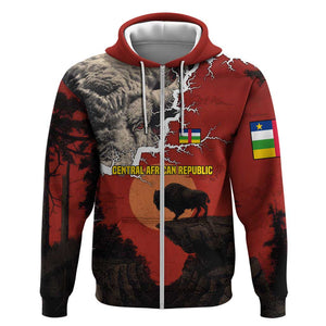 Central African Republic Zip Hoodie Red Black Nature Design and Buffalo - African Pride
