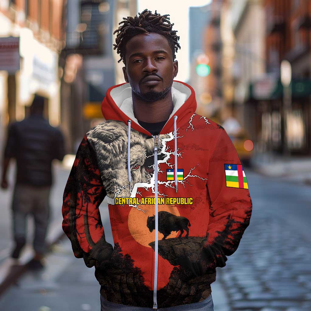Central African Republic Zip Hoodie Red Black Nature Design and Buffalo - African Pride