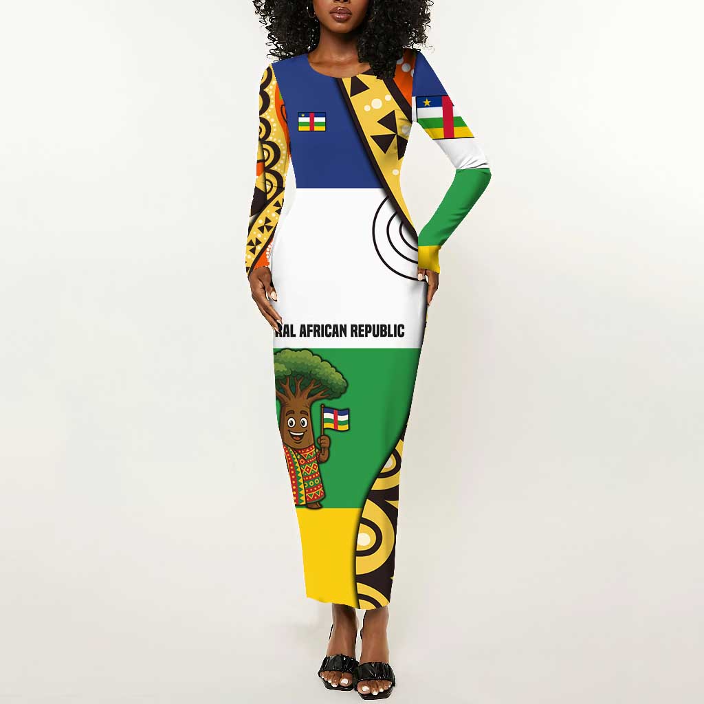 Central African Republic Long Sleeve Bodycon Dress Baobab and Flag - African Pride