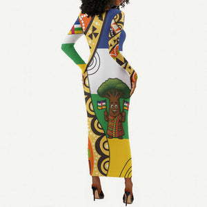 Central African Republic Long Sleeve Bodycon Dress Baobab and Flag - African Pride