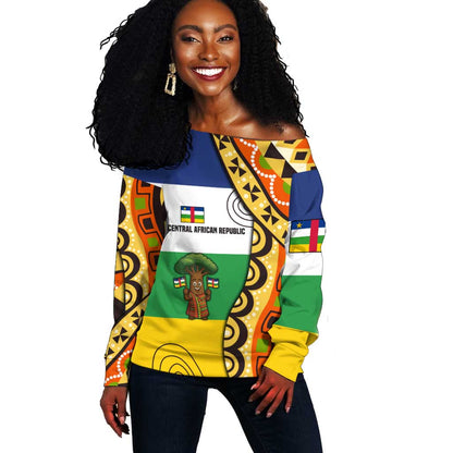 Central African Republic Off Shoulder Sweater Baobab and Flag - African Pride