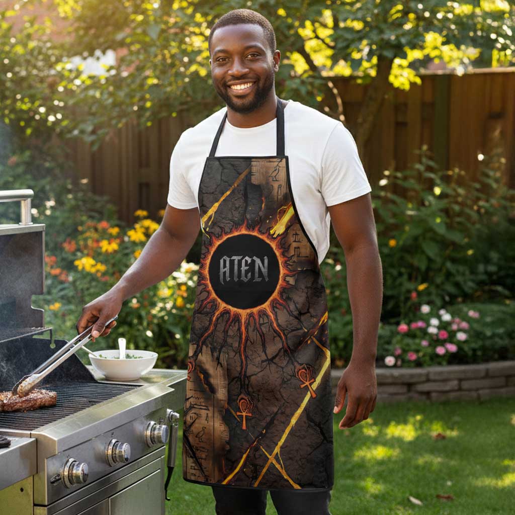 Aten Apron Ancient Egyptian Cracked Stone Hieroglyph, Solar Eclipse Emblem, and Radiant Sunburst - African Pride