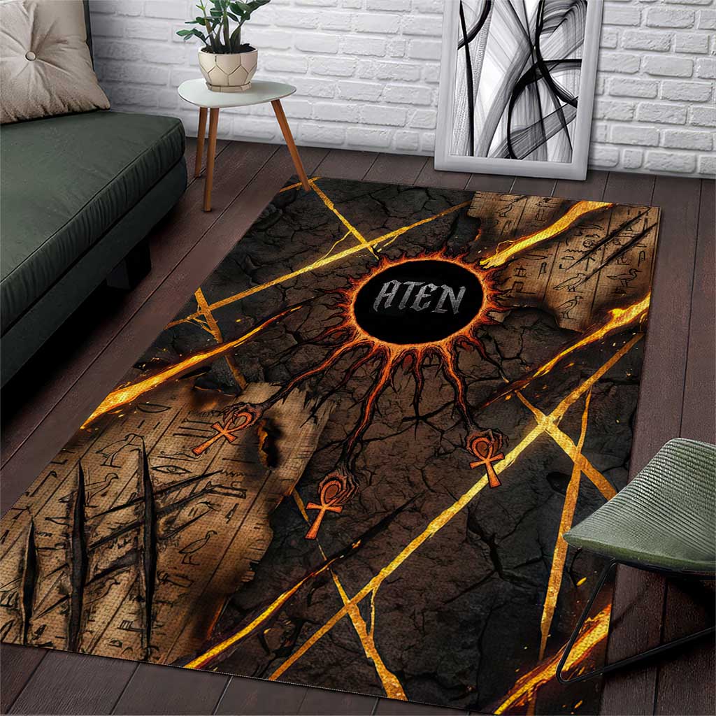 Aten Area Rug Ancient Egyptian Cracked Stone Hieroglyph, Solar Eclipse Emblem, and Radiant Sunburst - African Pride