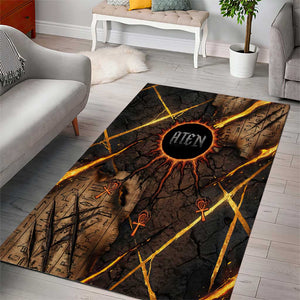 Aten Area Rug Ancient Egyptian Cracked Stone Hieroglyph, Solar Eclipse Emblem, and Radiant Sunburst - African Pride