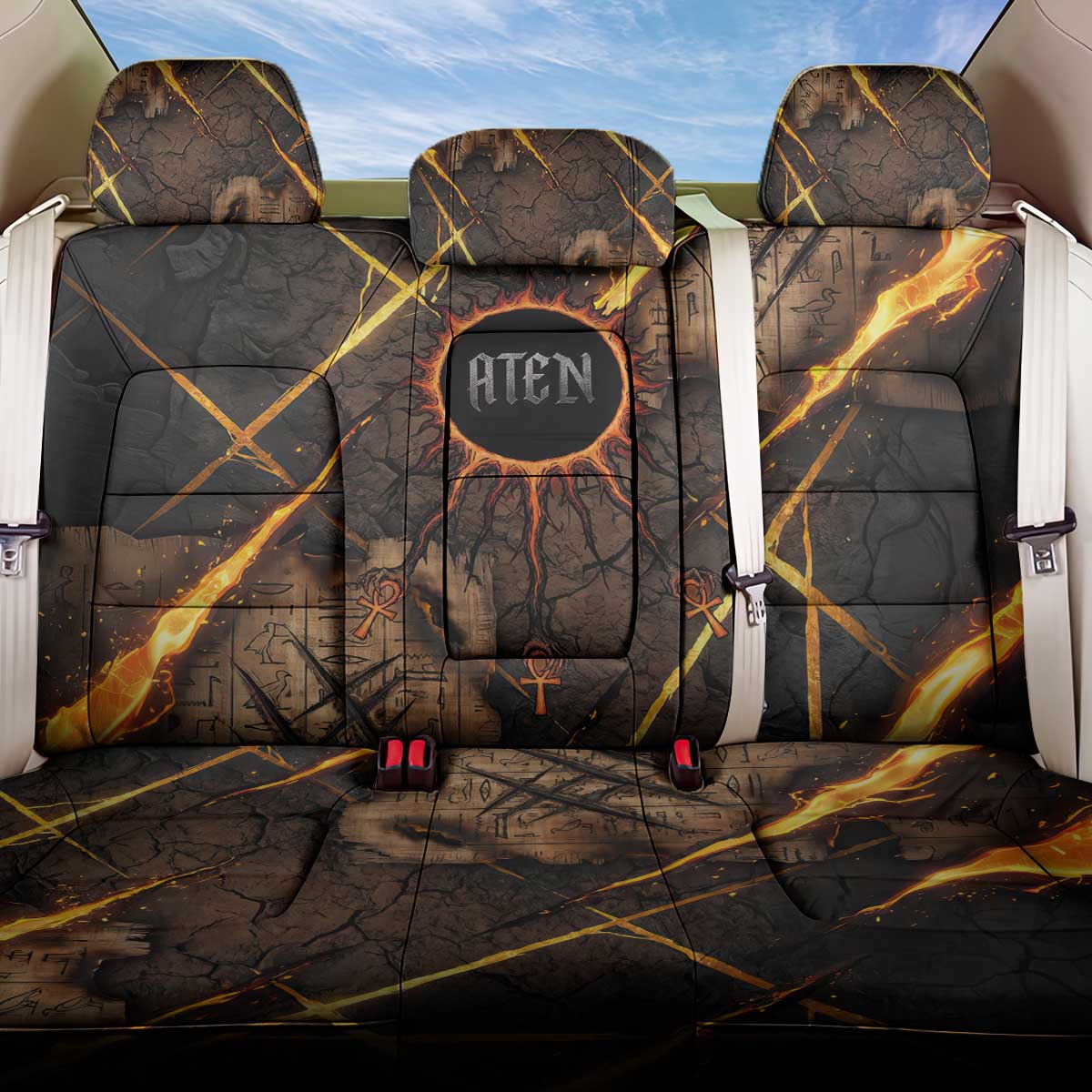 Aten Back Car Seat Cover Ancient Egyptian Cracked Stone Hieroglyph, Solar Eclipse Emblem, and Radiant Sunburst - African Pride