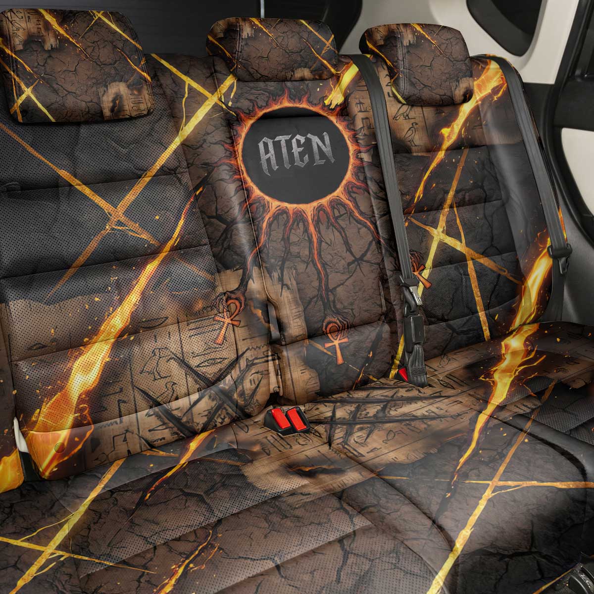 Aten Back Car Seat Cover Ancient Egyptian Cracked Stone Hieroglyph, Solar Eclipse Emblem, and Radiant Sunburst - African Pride