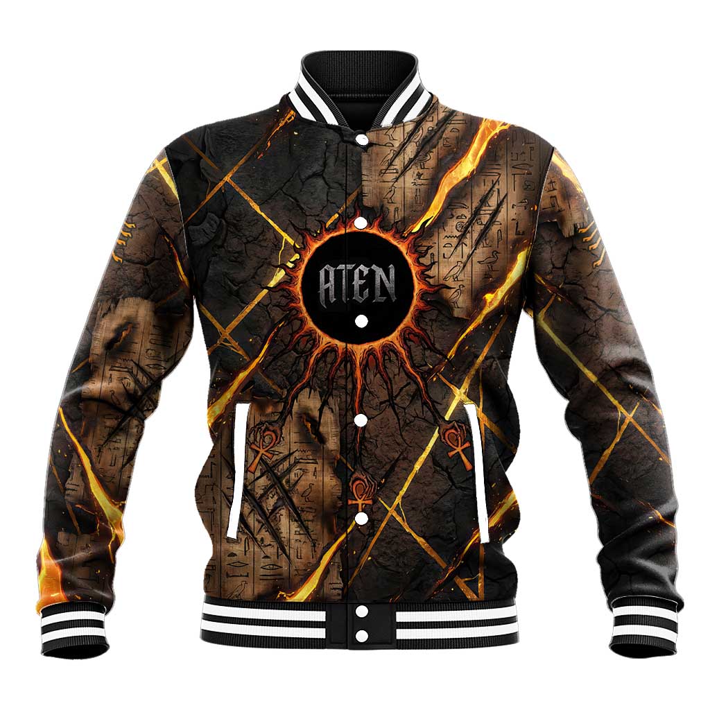 Aten Baseball Jacket Ancient Egyptian Cracked Stone Hieroglyph, Solar Eclipse Emblem, and Radiant Sunburst - African Pride