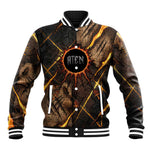 Aten Baseball Jacket Ancient Egyptian Cracked Stone Hieroglyph, Solar Eclipse Emblem, and Radiant Sunburst - African Pride