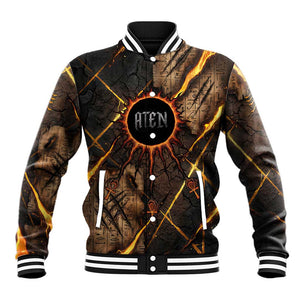Aten Baseball Jacket Ancient Egyptian Cracked Stone Hieroglyph, Solar Eclipse Emblem, and Radiant Sunburst - African Pride