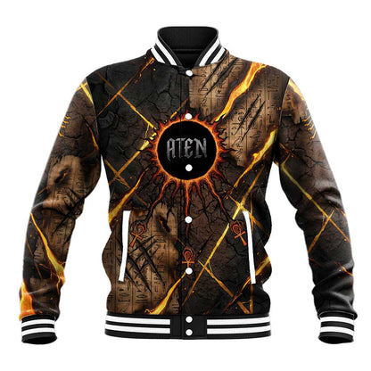 Aten Baseball Jacket Ancient Egyptian Cracked Stone Hieroglyph, Solar Eclipse Emblem, and Radiant Sunburst - African Pride