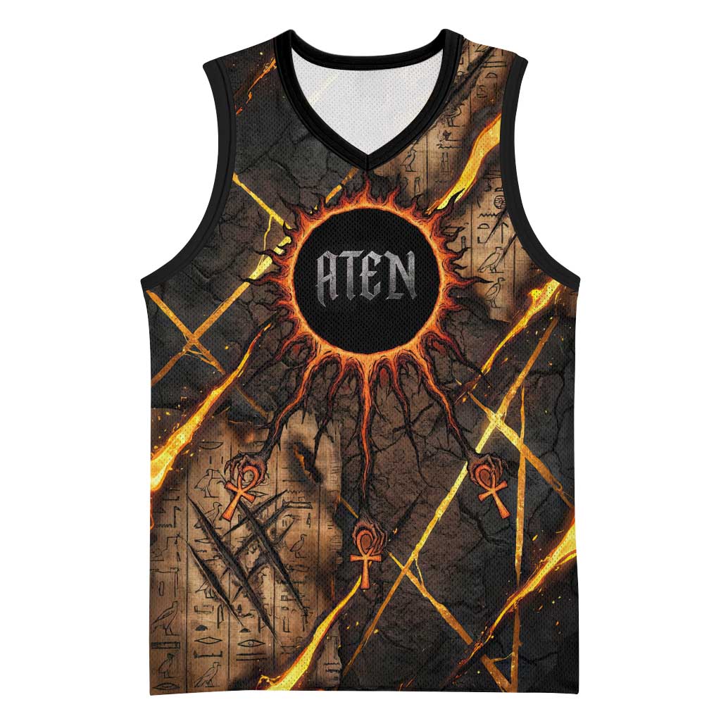 Aten Basketball Jersey Ancient Egyptian Cracked Stone Hieroglyph, Solar Eclipse Emblem, and Radiant Sunburst - African Pride