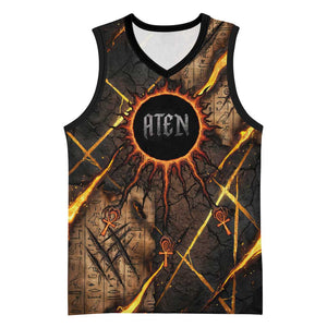 Aten Basketball Jersey Ancient Egyptian Cracked Stone Hieroglyph, Solar Eclipse Emblem, and Radiant Sunburst - African Pride