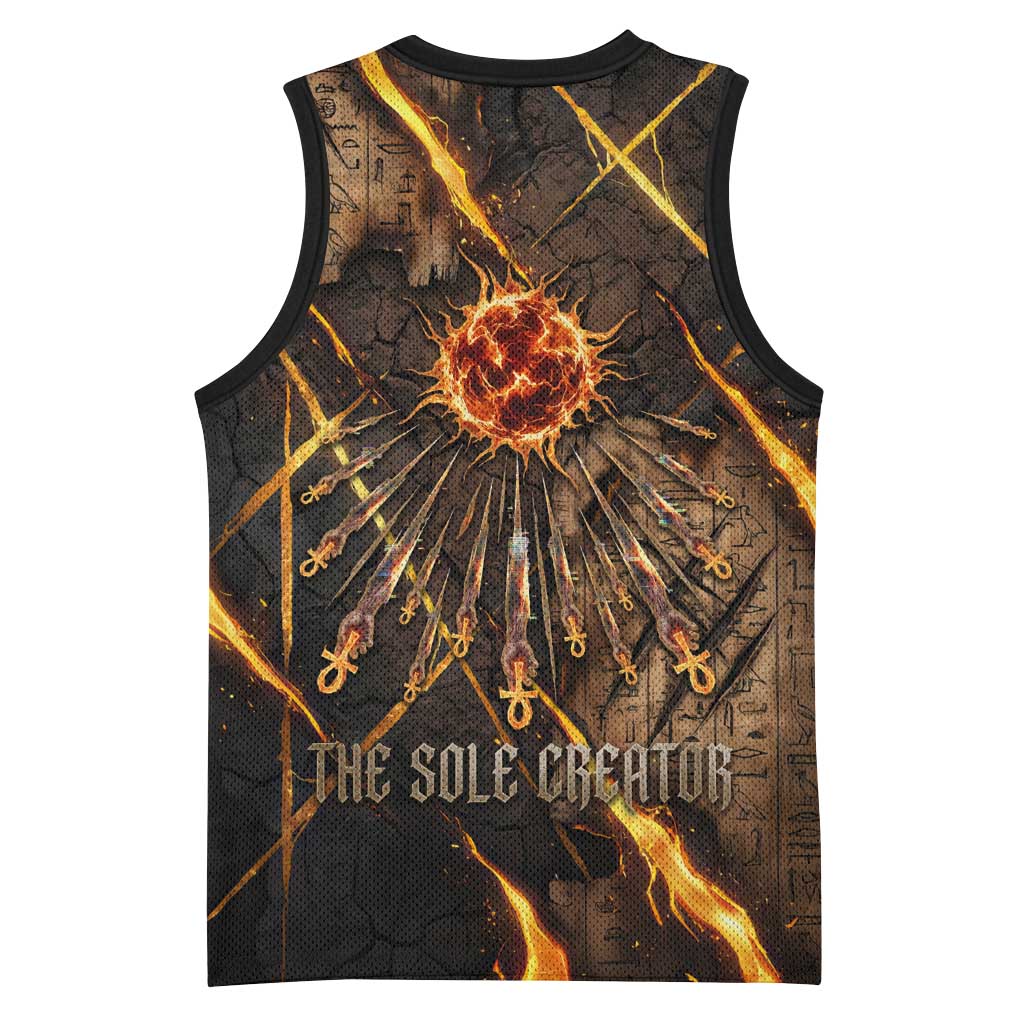 Aten Basketball Jersey Ancient Egyptian Cracked Stone Hieroglyph, Solar Eclipse Emblem, and Radiant Sunburst - African Pride