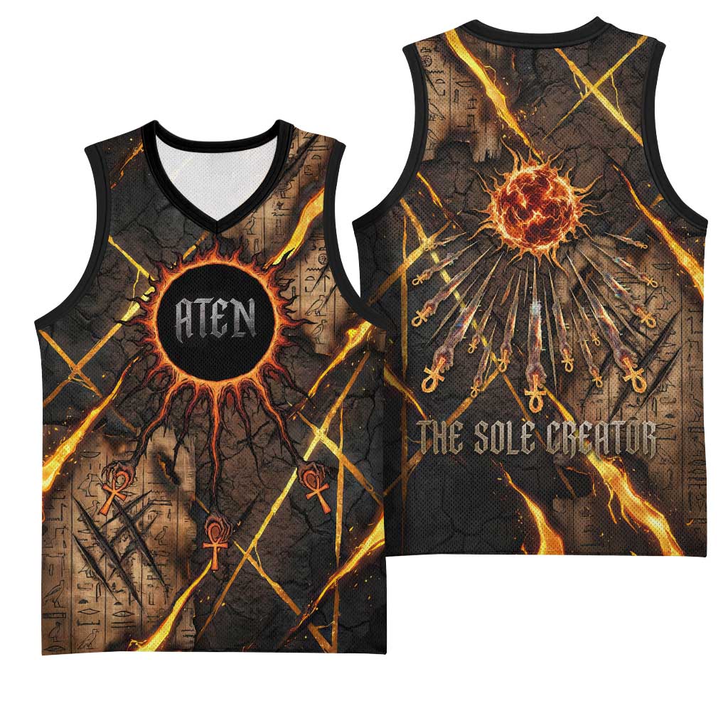 Aten Basketball Jersey Ancient Egyptian Cracked Stone Hieroglyph, Solar Eclipse Emblem, and Radiant Sunburst - African Pride