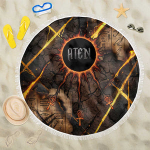Aten Beach Blanket Ancient Egyptian Cracked Stone Hieroglyph, Solar Eclipse Emblem, and Radiant Sunburst - African Pride