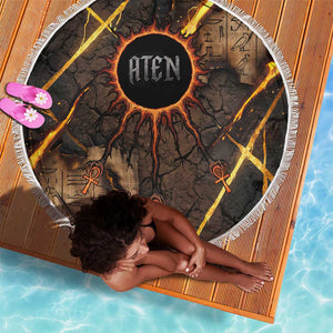 Aten Beach Blanket Ancient Egyptian Cracked Stone Hieroglyph, Solar Eclipse Emblem, and Radiant Sunburst - African Pride