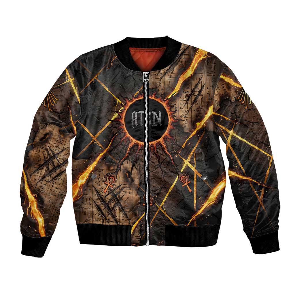 Aten Bomber Jacket Ancient Egyptian Cracked Stone Hieroglyph, Solar Eclipse Emblem, and Radiant Sunburst - African Pride