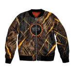 Aten Bomber Jacket Ancient Egyptian Cracked Stone Hieroglyph, Solar Eclipse Emblem, and Radiant Sunburst - African Pride