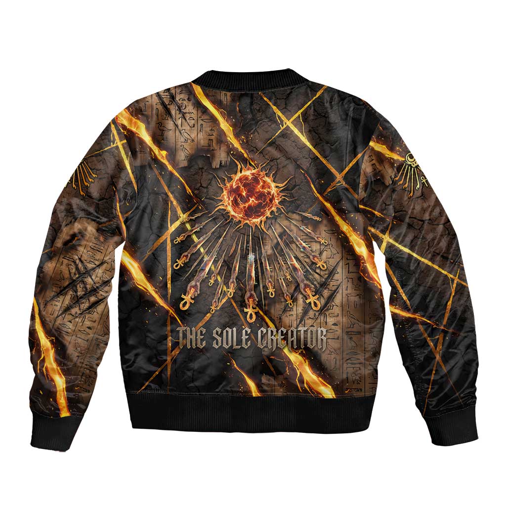 Aten Bomber Jacket Ancient Egyptian Cracked Stone Hieroglyph, Solar Eclipse Emblem, and Radiant Sunburst - African Pride
