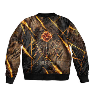 Aten Bomber Jacket Ancient Egyptian Cracked Stone Hieroglyph, Solar Eclipse Emblem, and Radiant Sunburst - African Pride