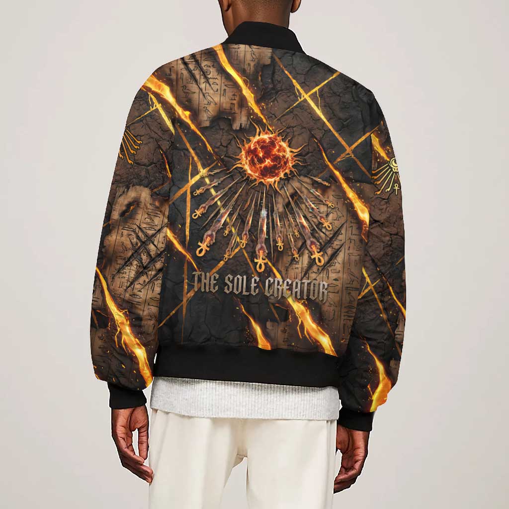 Aten Bomber Jacket Ancient Egyptian Cracked Stone Hieroglyph, Solar Eclipse Emblem, and Radiant Sunburst - African Pride