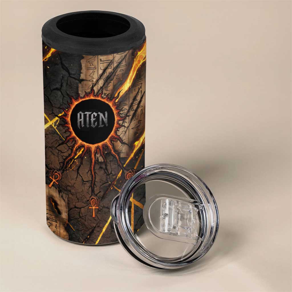 Aten 4 in 1 Can Cooler Tumbler Ancient Egyptian Cracked Stone Hieroglyph, Solar Eclipse Emblem, and Radiant Sunburst - African Pride