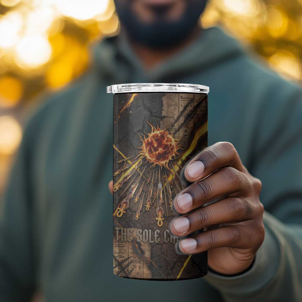 Aten 4 in 1 Can Cooler Tumbler Ancient Egyptian Cracked Stone Hieroglyph, Solar Eclipse Emblem, and Radiant Sunburst - African Pride