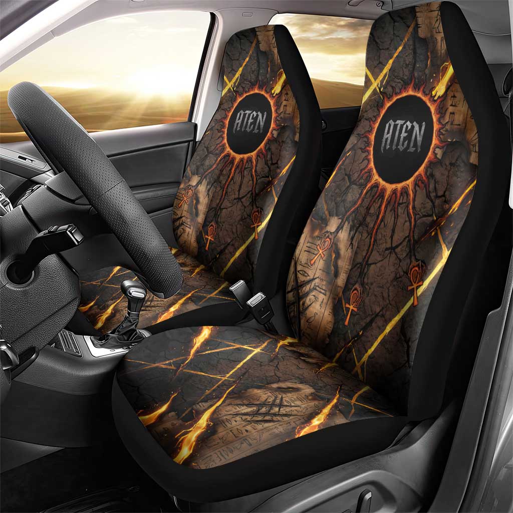 Aten Car Seat Cover Ancient Egyptian Cracked Stone Hieroglyph, Solar Eclipse Emblem, and Radiant Sunburst - African Pride