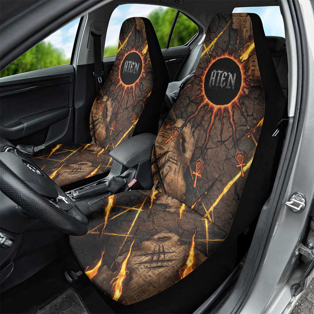 Aten Car Seat Cover Ancient Egyptian Cracked Stone Hieroglyph, Solar Eclipse Emblem, and Radiant Sunburst - African Pride