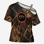 Aten Cross Shoulder Shirt Ancient Egyptian Cracked Stone Hieroglyph, Solar Eclipse Emblem, and Radiant Sunburst - African Pride