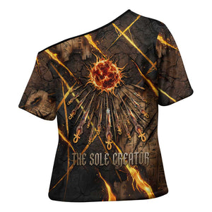 Aten Cross Shoulder Shirt Ancient Egyptian Cracked Stone Hieroglyph, Solar Eclipse Emblem, and Radiant Sunburst - African Pride