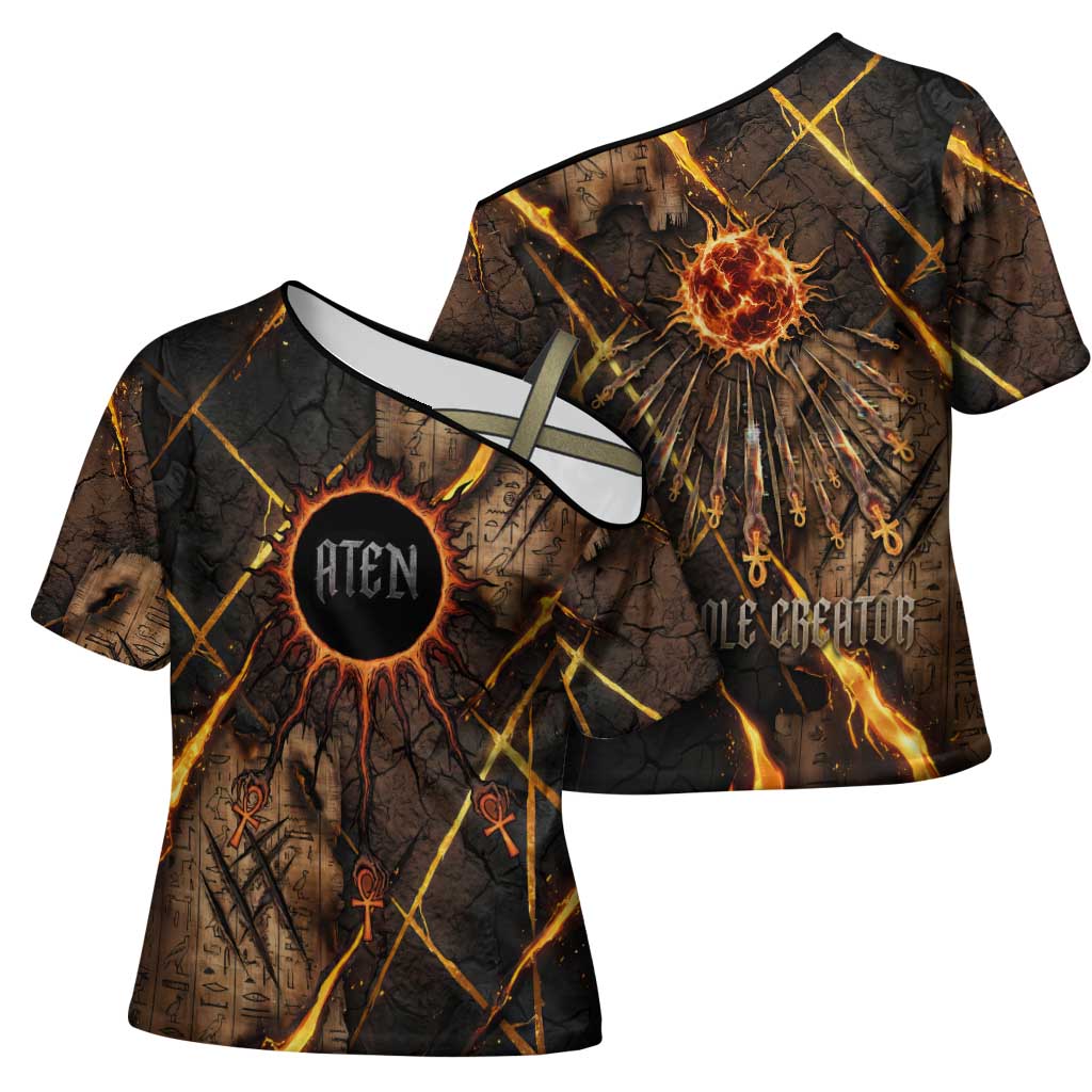 Aten Cross Shoulder Shirt Ancient Egyptian Cracked Stone Hieroglyph, Solar Eclipse Emblem, and Radiant Sunburst - African Pride