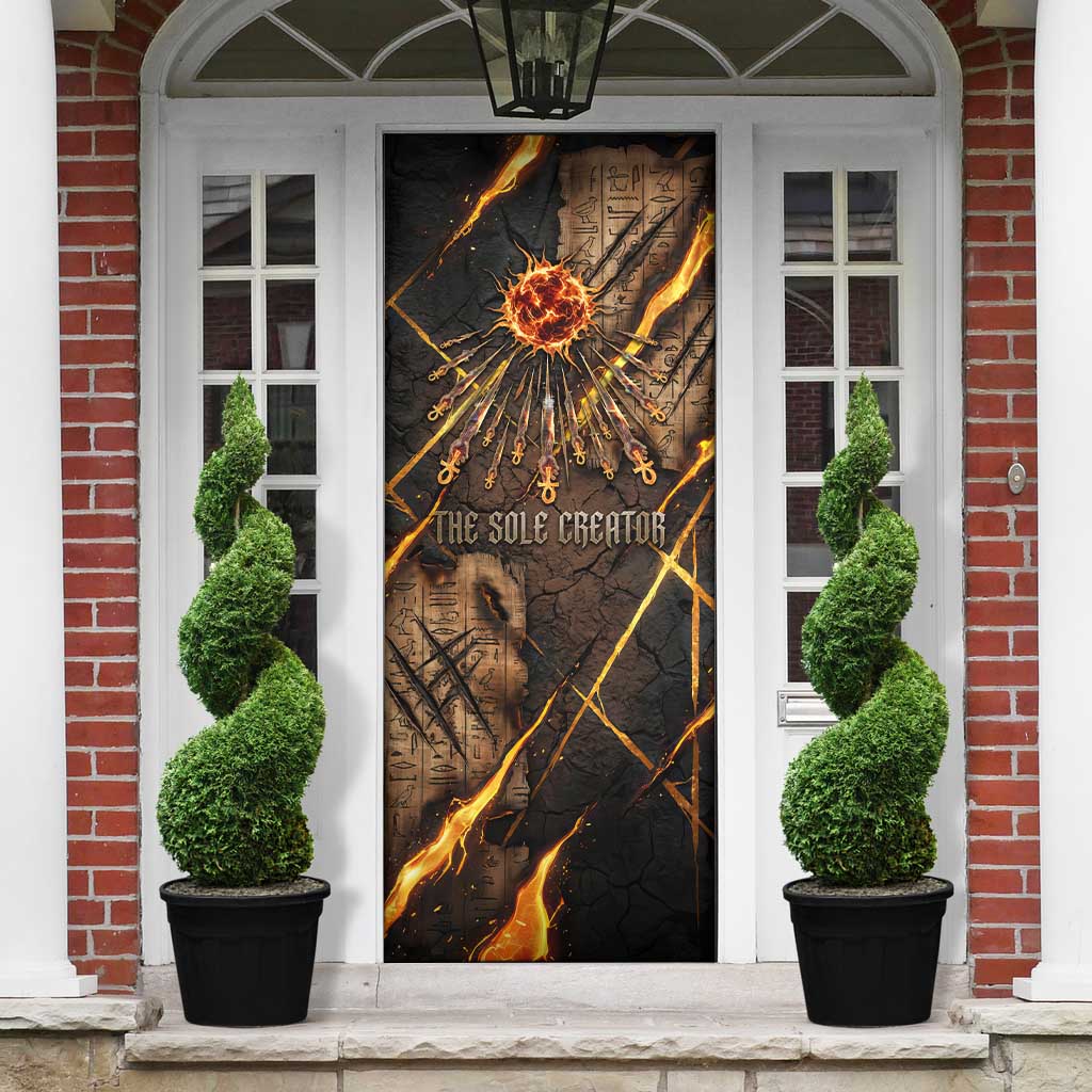 Aten Door Cover Ancient Egyptian Cracked Stone Hieroglyph, Solar Eclipse Emblem, and Radiant Sunburst - African Pride
