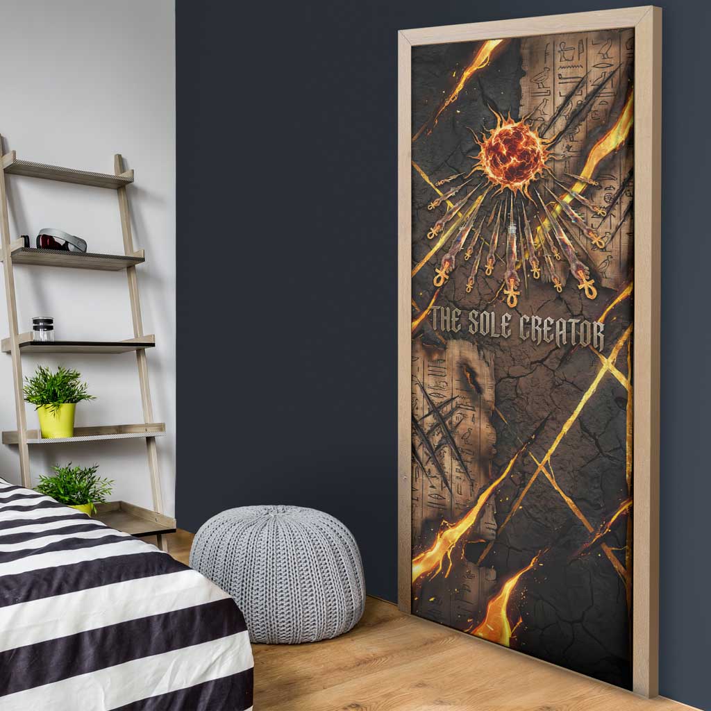 Aten Door Cover Ancient Egyptian Cracked Stone Hieroglyph, Solar Eclipse Emblem, and Radiant Sunburst - African Pride